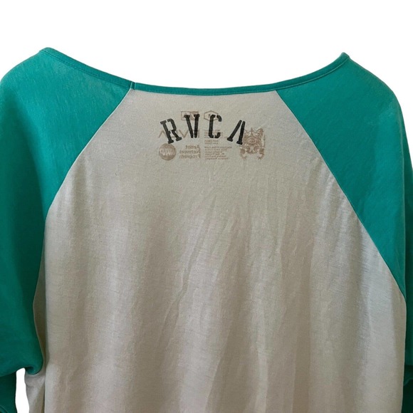 RVCA Women's Raglan 3/4 Sleeve Seafoam Green & Cream Logo T-Shirt - Size Medium - Picture 5 of 6
